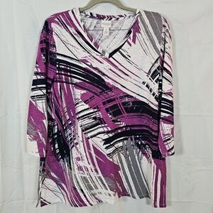 Weekends by Chico's Cotton Modal V Neck Top Size Large Purple White Abstract